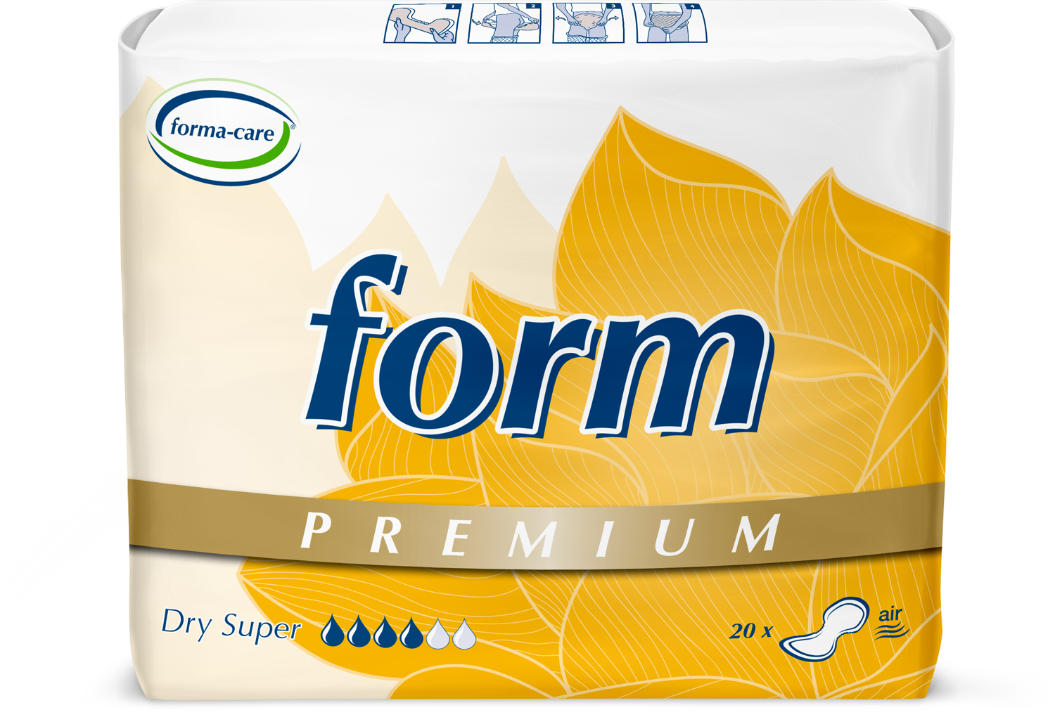 Abbildung eines Beutels der Premium-Vorlage forma-care premium dry, Saugstärke super