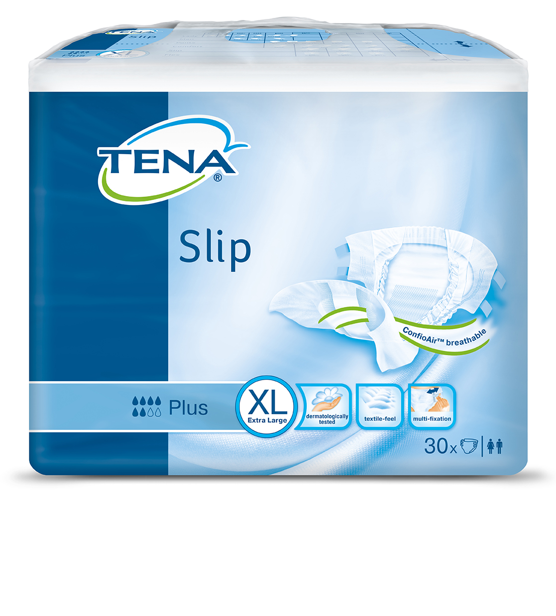 tena-proskin-slip-plus-confioair-xl-90er Abbildung eines Beutels Tena Proskin Slip in Größe XL, Saugstärke plus