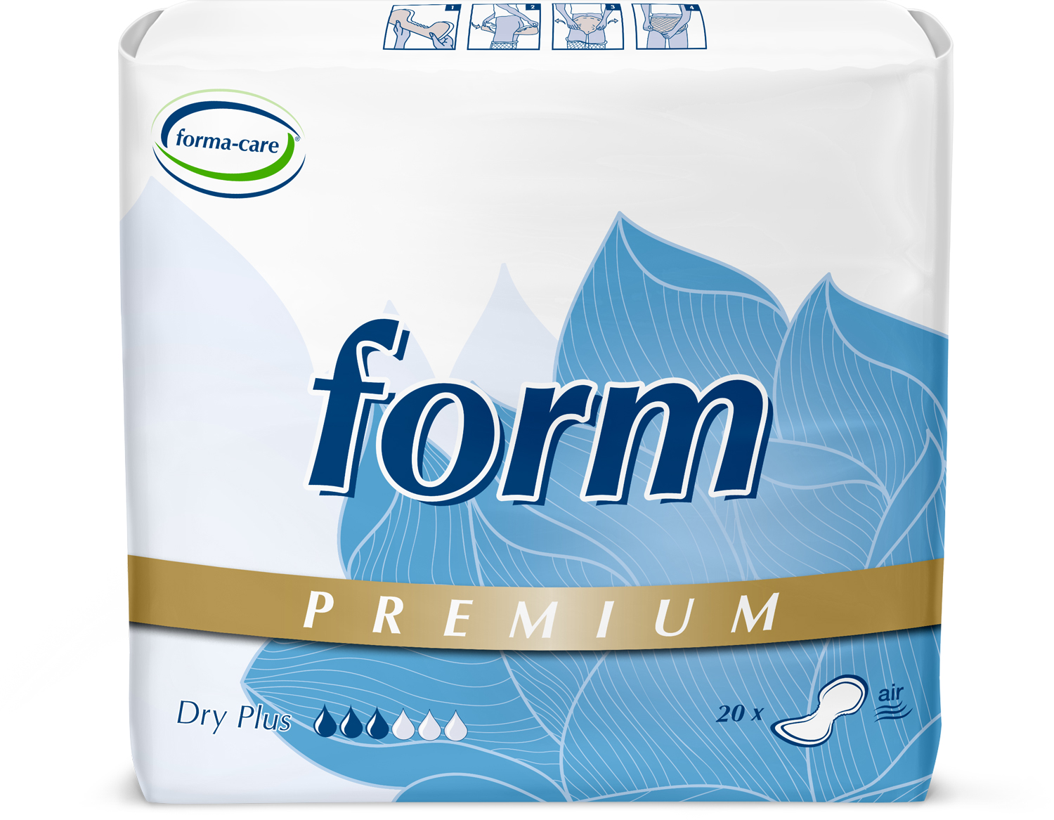 Abbildung eines Beutels der Premium-Vorlage forma-care premium dry, Saugstärke plus
