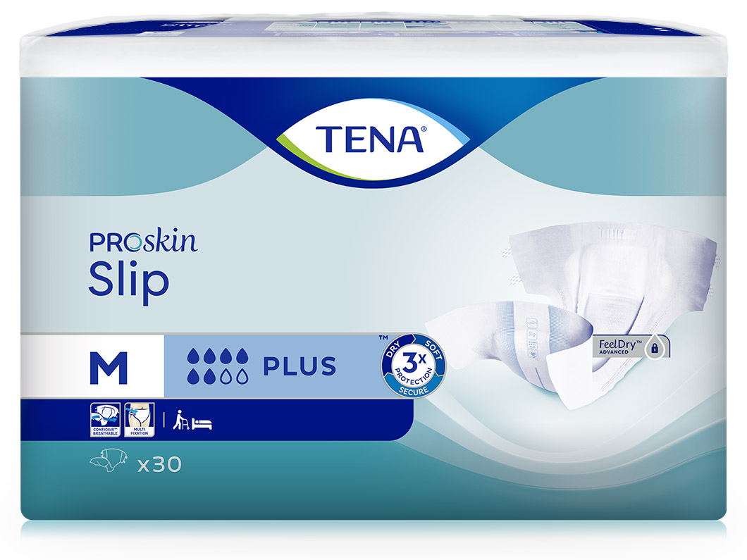 tena-proskin-slip-plus-confioair-m-90er Abbildung eines Beutels Tena Proskin Slip in Größe M, Saugstärke plus