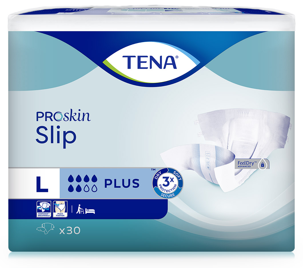 Abbildung eines Beutels Tena Proskin Slip in Größe L, Saugstärke plus